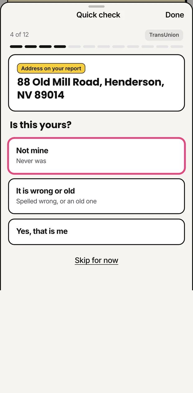 Quick check asking if an address on your report is yours