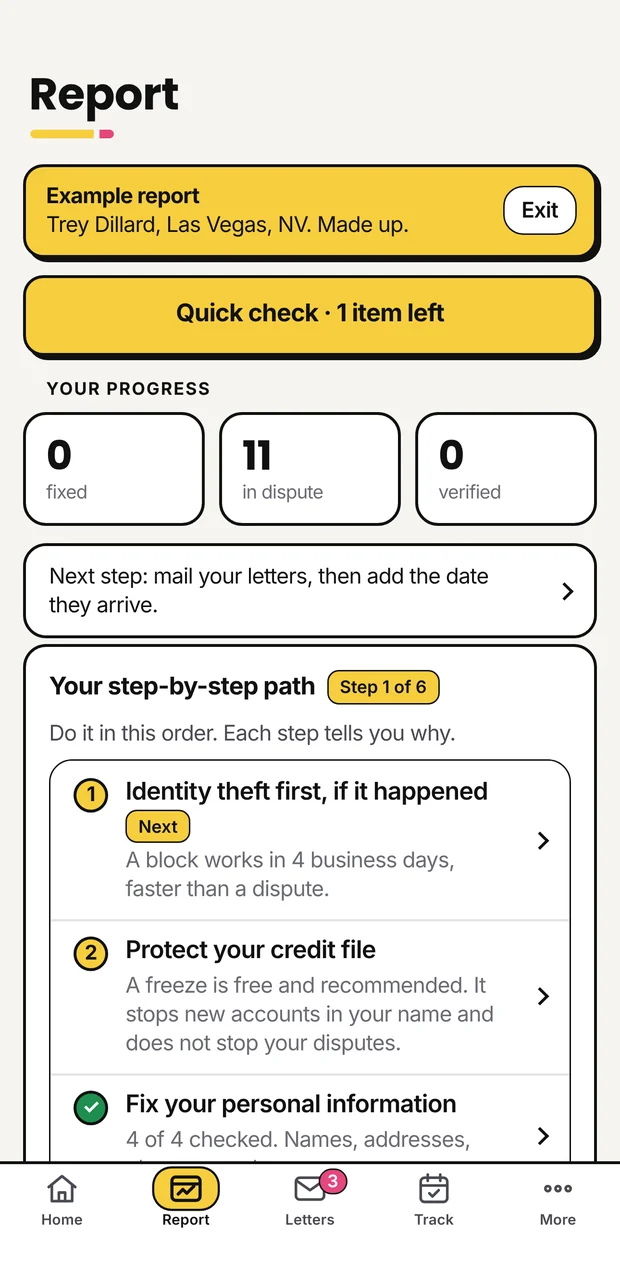 Report screen with your progress and your path
